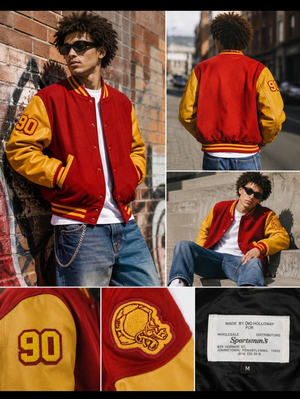 Vintage 90s Holloway Wool Leather Varsity Jacket Red Gold Snap Front Letterman J